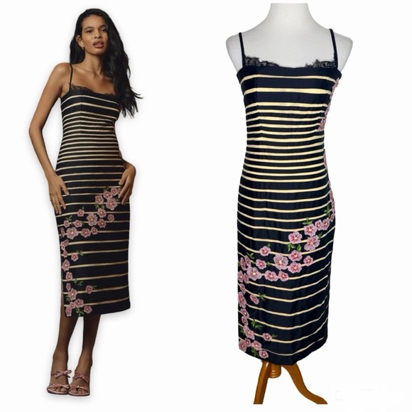 Anthropologie Dresses & Skirts - Maeve Anthropologie Sleeveless Slim Midi Dress Size 6 NWT Black Stripe Floral
